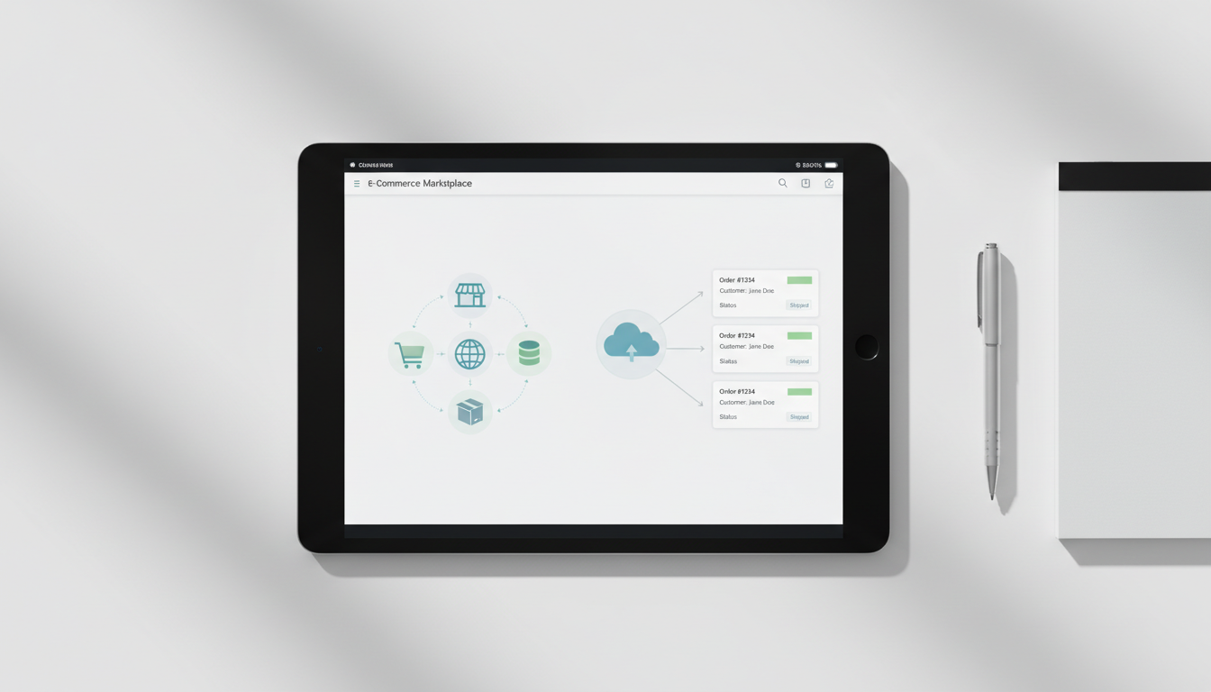 Интеграция CRM с маркетплейсами — схема соединения платформ на экране планшета