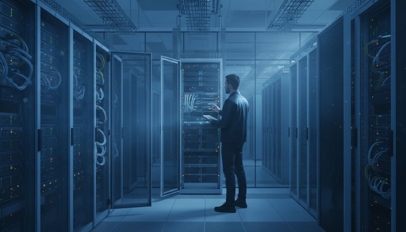 Серверная стойка и администратор баз данных настраивает план обслуживания SQL для 1С